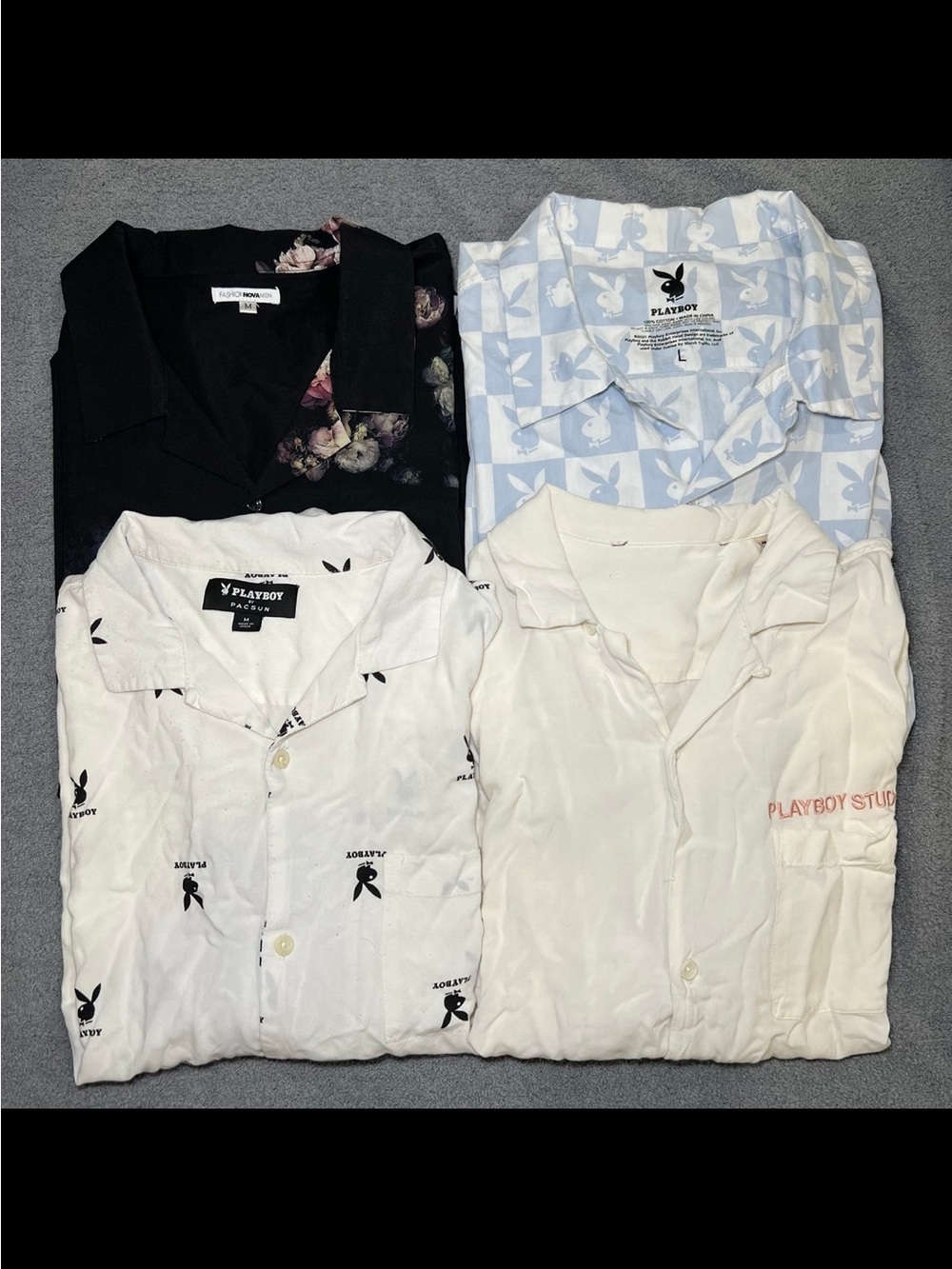 PLAYBOY & Fashion Nova Casual Button-Down Shirts - Black, White, Light Blue